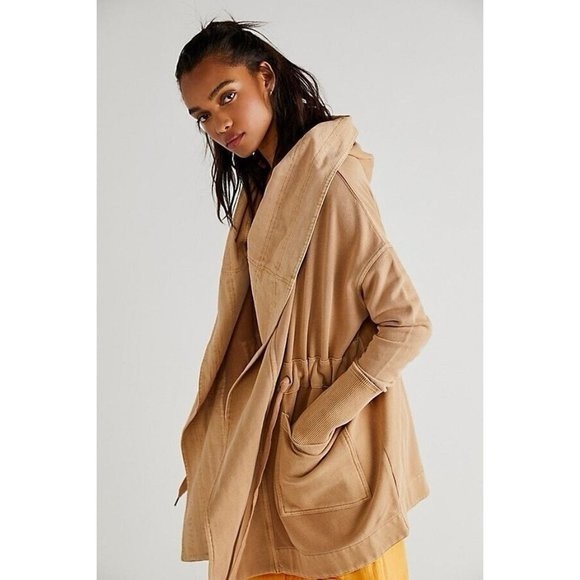 Free People Brentwood Cardigan Hooded Oversized Tan Coat Size Large - Picture 1 of 10